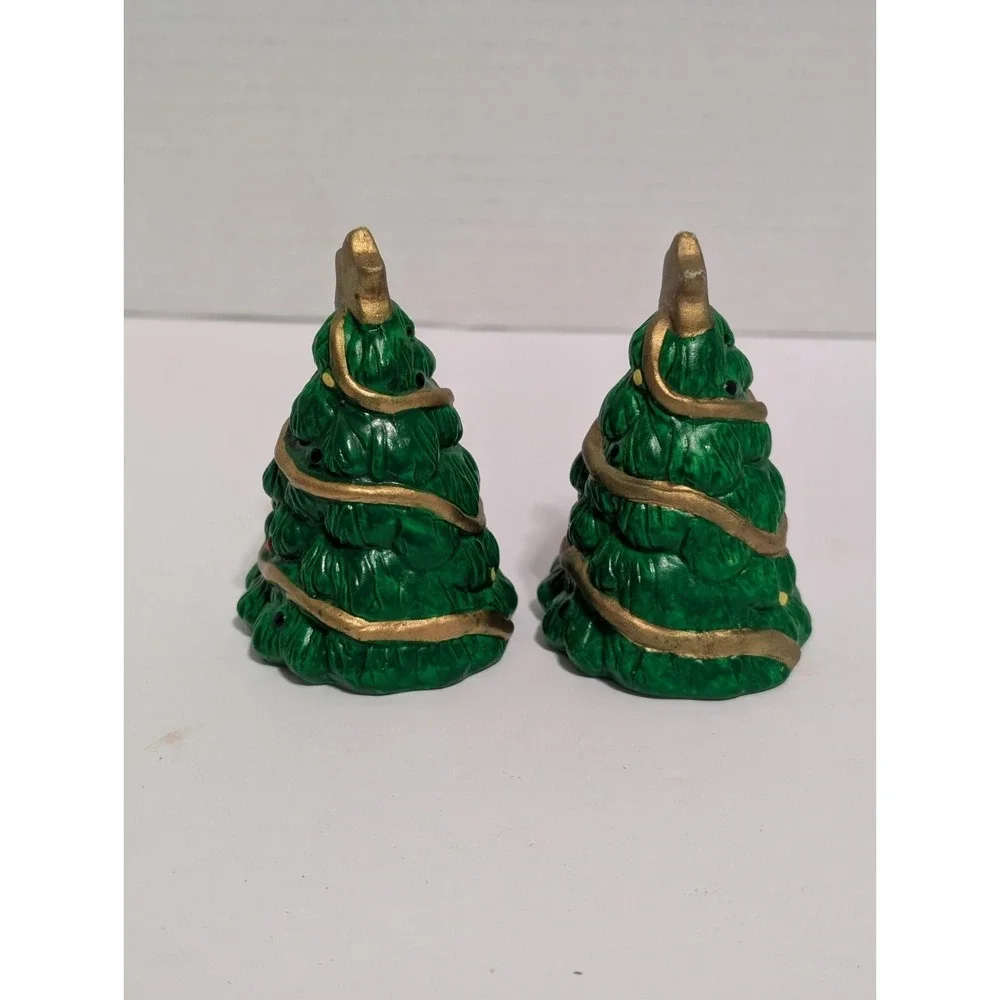 Vintage Green Ceramic Christmas Tree Salt and Pepper Shakers 3 inches